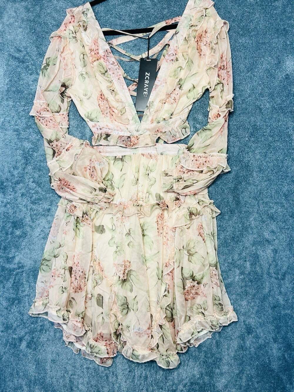 ZCRAVE Floral Ruffle Cutout Dress Pink Long Sleeve Lace Up Back